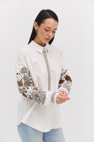 Рубашка женская молочная вышиванка с шоколадными узорами ARJEN MKAR69223-4 MKAR69223-4 фото
