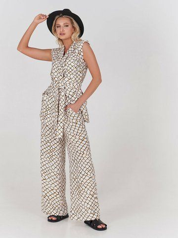 Брюки женские льняные принтованые бело-желтые летние Токи Modna KAZKA MKSH2689-5 2689-5 фото