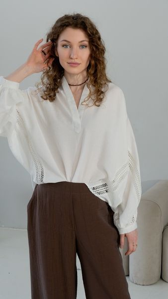 Жіноча блуза лляна вільного силуету з мереживними вставками NORA KVITTIN MKNK3031-1 MKNK3031-1 фото