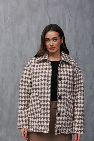 Жіноче коротке пальто oversize бежеве в гусячу лапку ARJEN MKAR69091-1 MKAR69091-1 фото